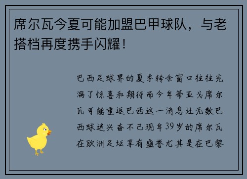 席尔瓦今夏可能加盟巴甲球队，与老搭档再度携手闪耀！